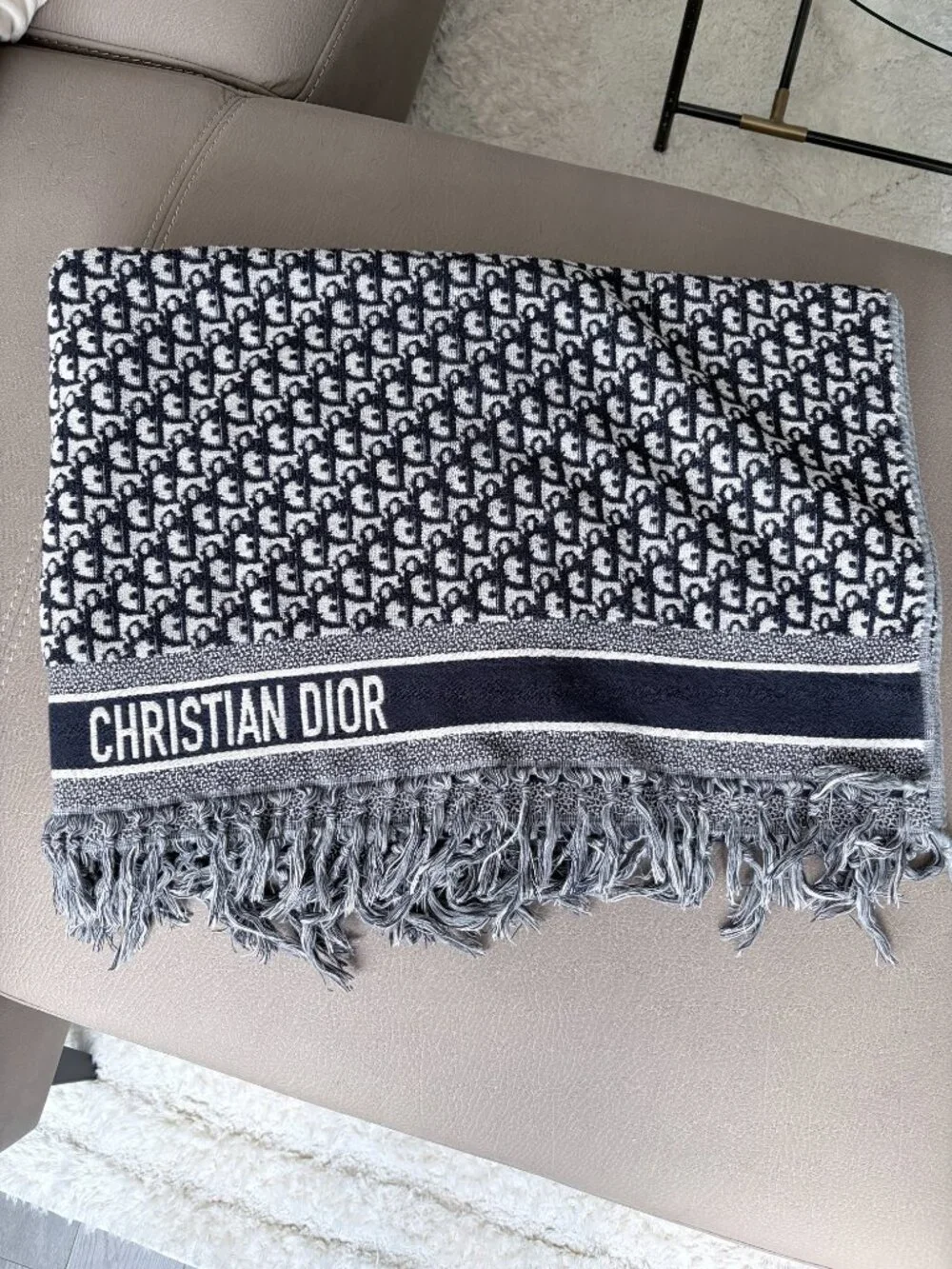 Christian Dior Navy Blue Oblique Beach Towel With Tassel Fringe